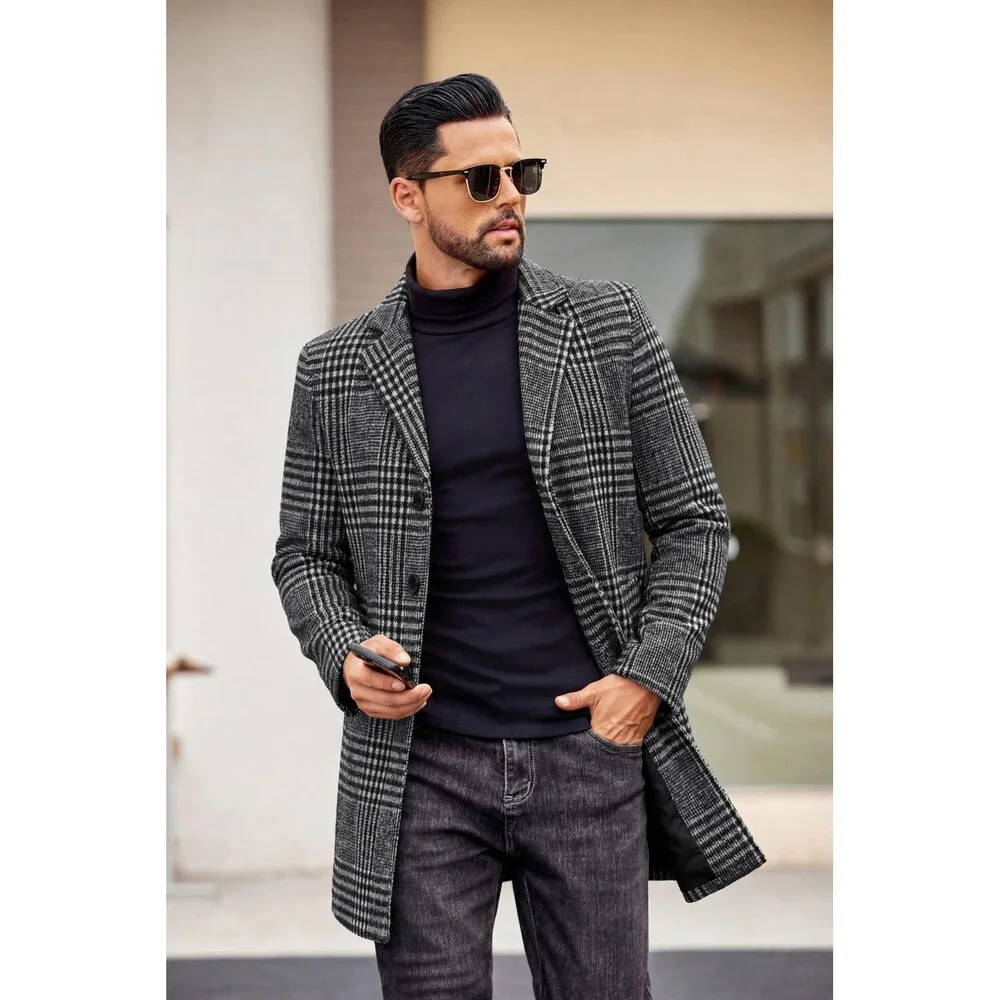 COOFANDY Men's Black Plaid Overcoat Winter Peacoat Men Wool Coats Trench Coat L